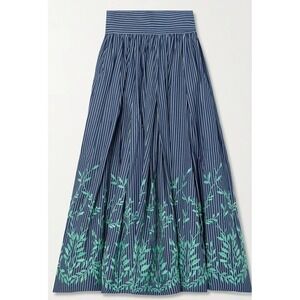 LORETTA CAPONI  Vanessa Embroidered Cotton-Twill Mint Denim Skirt‎ Size M $1290